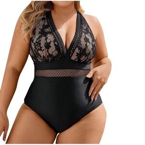 Womens One Piece Swimsuit 2XL Black Lace Mesh Halter Plus Size Bathing Suit